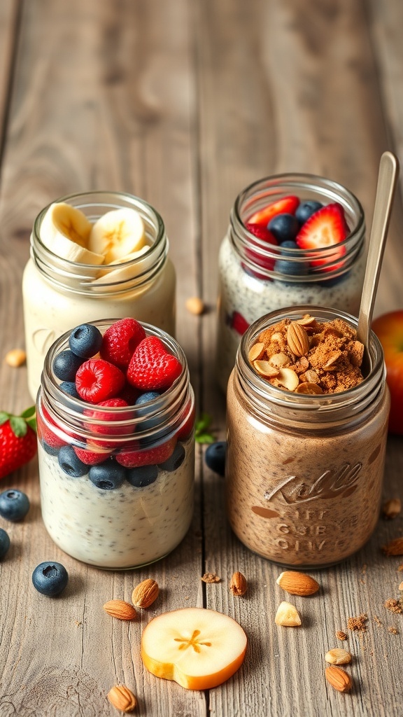 Four jars of overnight oats: banana peanut butter, berry medley, chocolate almond, and apple cinnamon, displayed on a wooden table.